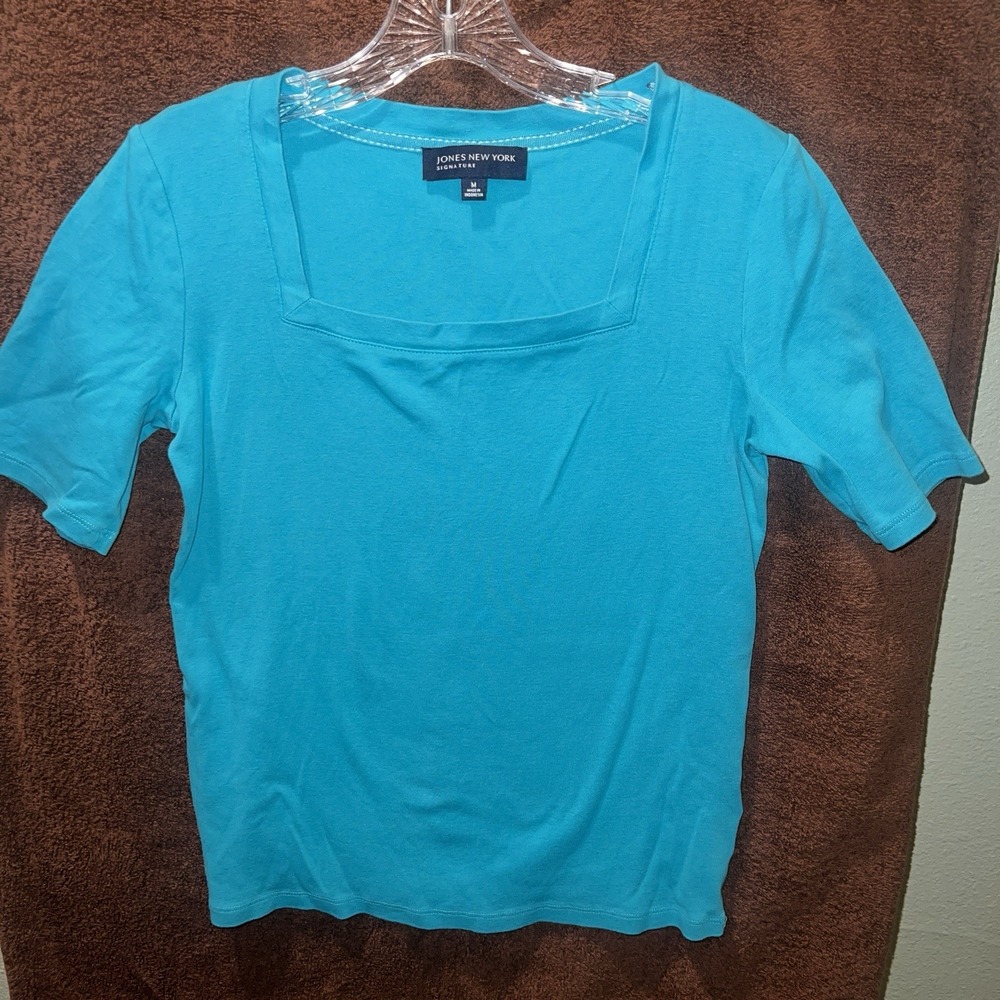 Jones New York Signature Solid Teal Green Knit Square Neck Short Sleeve Top M
